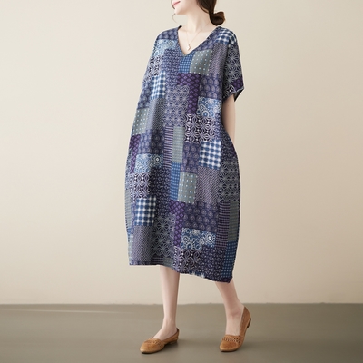 AKARA 涼感 棉麻 大碼 清質感棉麻拼貼畫短袖洋裝 3XL可(涼感 棉麻 中大尺碼 短袖)