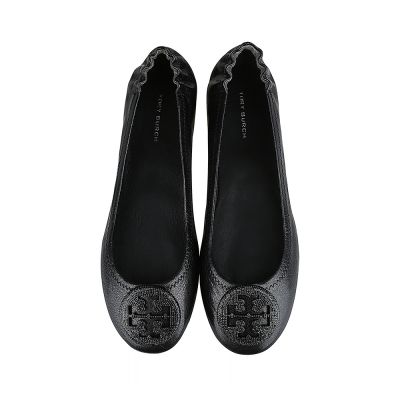 TORY BURCH 鏤空T字釘鑲LOGO皮革芭蕾平底鞋(黑x黑)