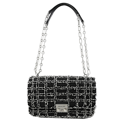 MICHAEL KORS TRIBECA 金屬釦LOGO格紋毛邊肩斜兩用包/鍊包(黑)