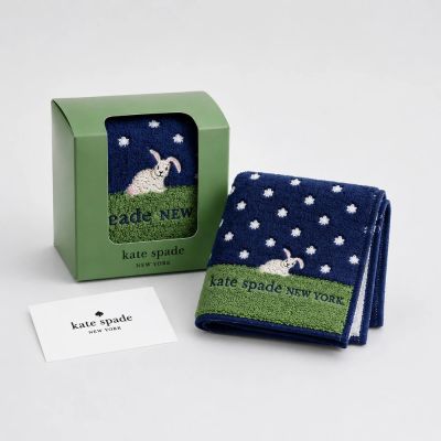 【KATE SPADE】NEW YORK 兔子刺繡點點手帕｜純棉毛巾方巾｜附包裝禮盒款 海軍藍/綠色 25×25cm