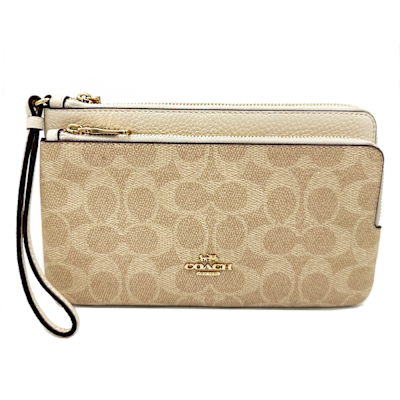 COACH 新款C LOGO雙層大手拿包/零錢包(大款-蕎麥奶茶)
