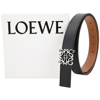 LOEWE Anagram 28mm 雙面用銀釦撞色小牛皮腰帶(咖啡x黑色)