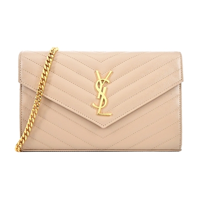 YSL Saint Laurent聖羅蘭 YSL 377828 MONOGRAM V字縫線魚子醬牛皮WOC信封斜背包(駝/金)