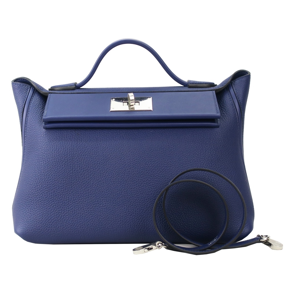 HERMES 愛馬仕 24/24  Togo牛皮手提/肩背包(29CM/2Z午夜藍/銀釦)