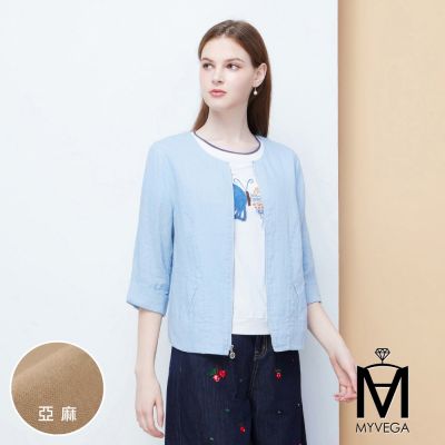 MYVEGA麥雪爾 MA亞麻都會多剪裁M鑽拉鍊外套-水藍