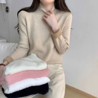 La Belleza素色捲邊半高領坑條內裡仿水貂毛加絨加厚半立領保暖針織上衣