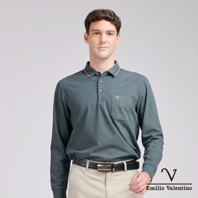 Emilio Valentino 範倫鐵諾 男 長袖POLO衫 保暖蓄熱口袋 綠(15-5V9998)