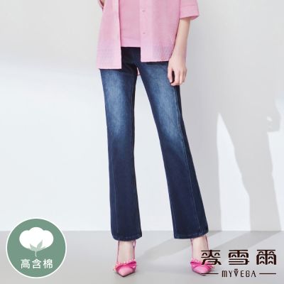 MYVEGA麥雪爾 高含棉織帶鬆緊腰logo壓印牛仔長褲-深藍