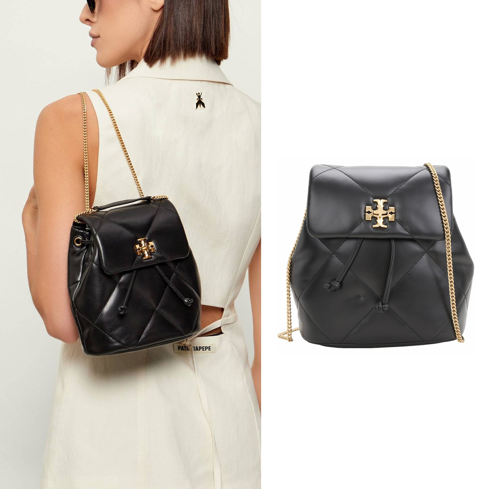 TORY BURCH Kira 雙T標誌菱格絎縫翻蓋鏈帶斜背 後背包(迷你/黑色)