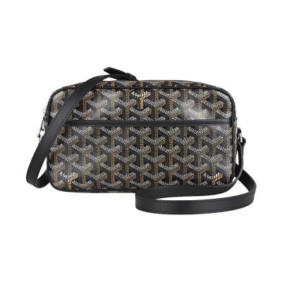 GOYARD Cap Vert Pm滿版Y字LOGO帆布拼小牛皮飾邊拉鍊斜背相機包(黑x多色)