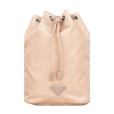 PRADA 普拉達  銀字三角鐵牌LOGO尼龍束口手提化妝包(米)