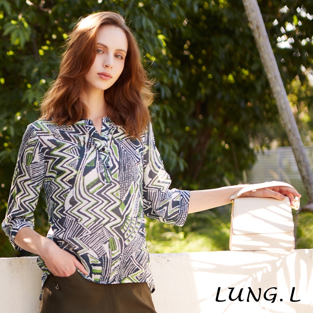 LUNG.L林佳樺 輕薄綠色印花七分袖女裝上衣LQ61A