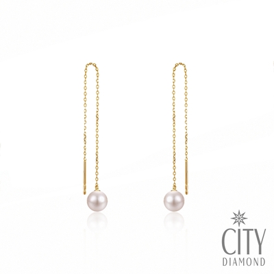 【City Diamond 引雅】18K日本AKOYA珍珠6mm黃K金長掛耳環(東京Yuki系列)