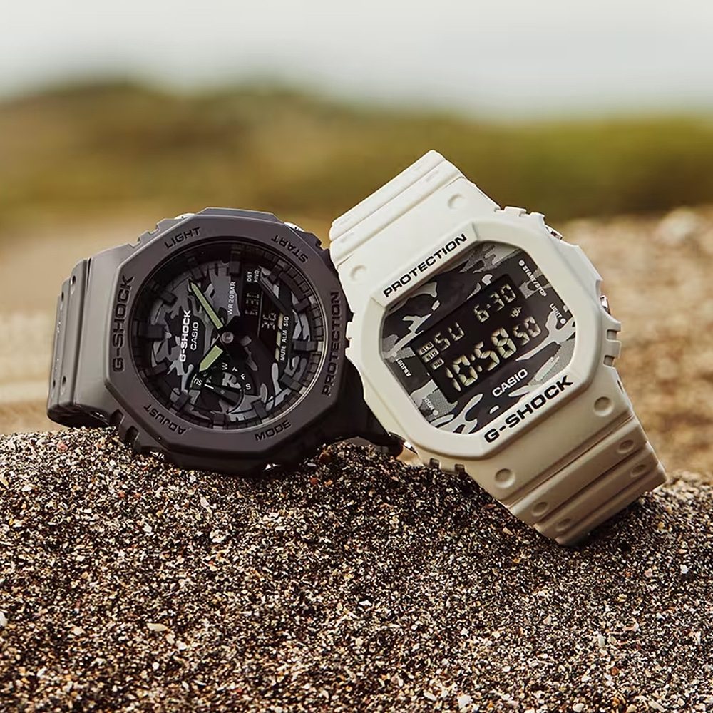 CASIO卡西歐G-SHOCK 經典5600 方形迷彩錶盤電子錶DW-5600CA-8 米灰色