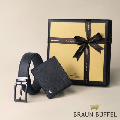 【BRAUN BUFFEL 德國小金牛】台灣總代理 質感送禮-經典紳士禮盒|HOMME-ZW 8卡短夾-黑色+時尚紳士系列簡約穿針式皮帶-鎗色 / 599313-W209A