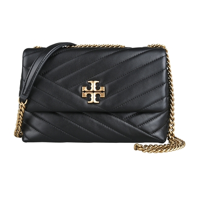 TORY BURCH Kira Chevron經典仿舊金字LOGO羊皮絎縫鏈帶肩背斜背包(小/黑)
