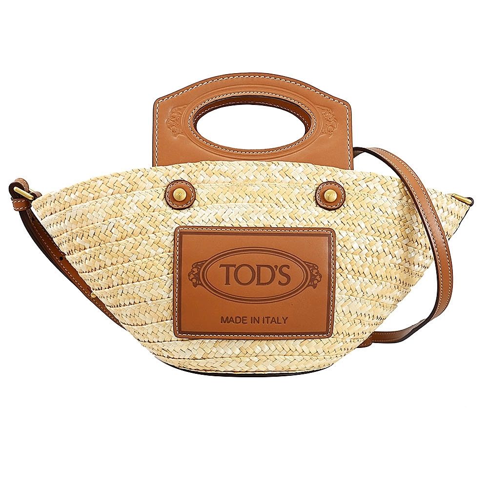 TOD’S 烙印LOGO小牛皮拼接草編手提斜背兩用包(卡其/棕邊-全新福利品)