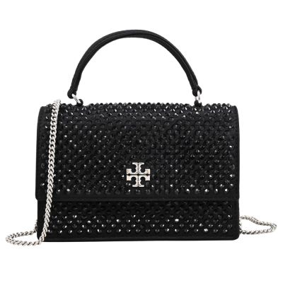 TORY BURCH KIRA 金屬LOGO滿版水鑽緞面拼接皮革翻蓋式兩用鏈包(黑)
