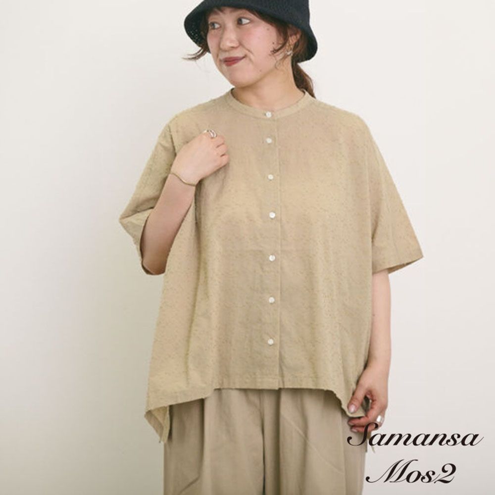 Samansa Mos2 可愛圓圈緹花短袖排釦立領襯衫