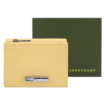LONGCHAMP LE ROSEAU系列金屬竹節粒面牛皮三折短夾(小雞黃)