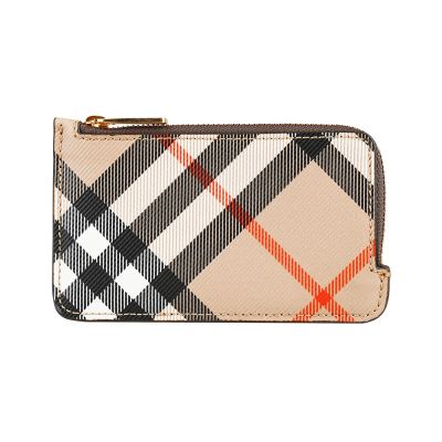 BURBERRY 內燙印LOGO格紋塗層帆布拼小羊皮拉鍊卡片零錢夾(沙棕)