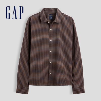 【GAP】寬鬆短款直版牛津襯衫-棕藍格紋(909177)