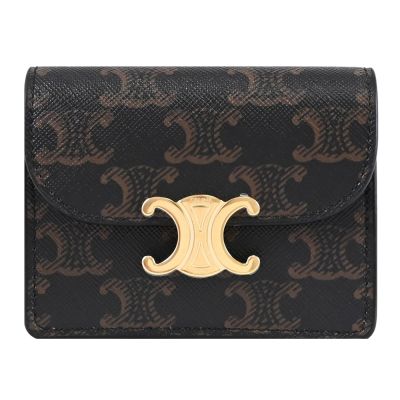CELINE TRIOMPHE 品牌金屬LOGO印花皮革雙隔層扣式零錢包(深咖)