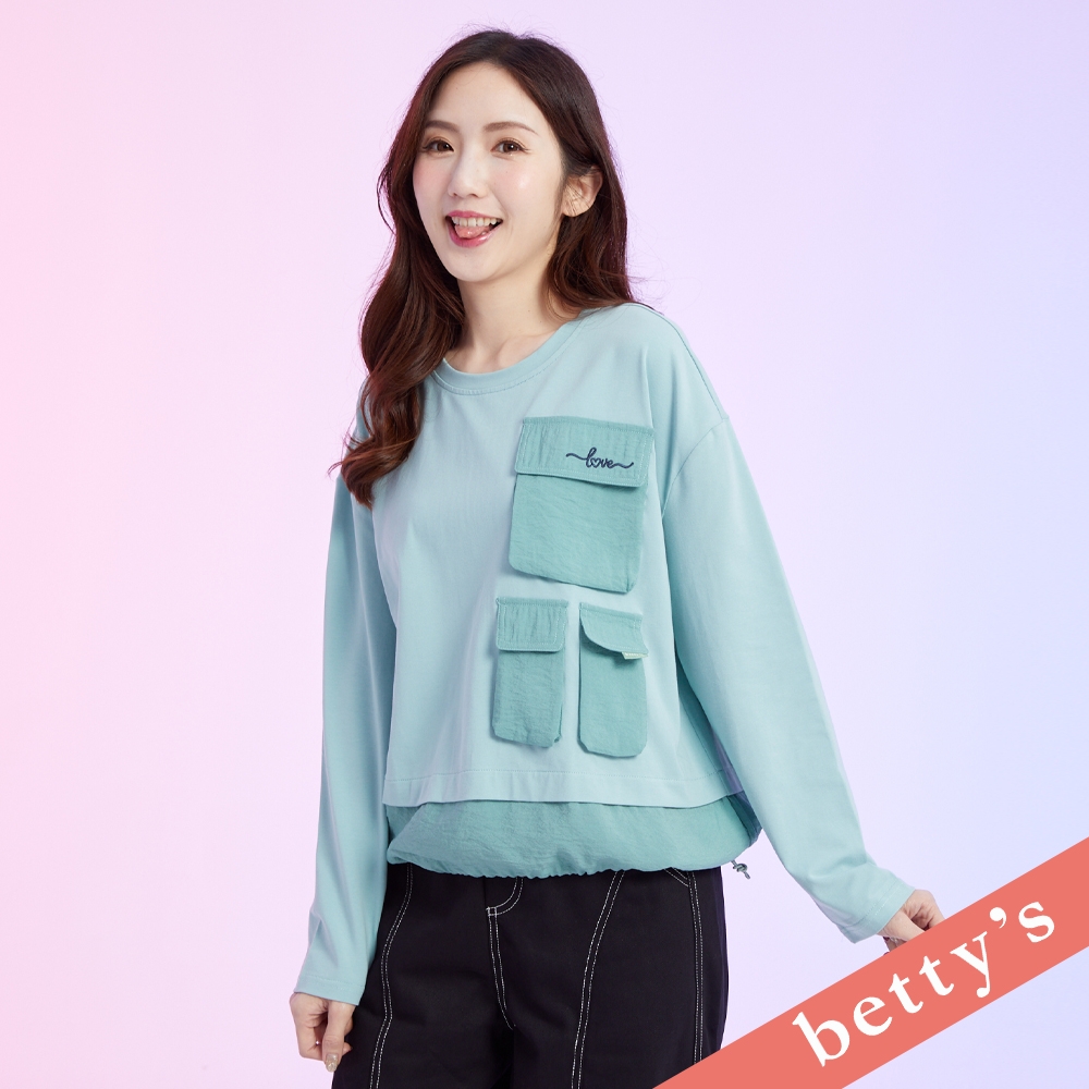 betty’s貝蒂思　下擺拼接抽繩多口袋長袖T-shirt(湖水綠) (湖水綠)
