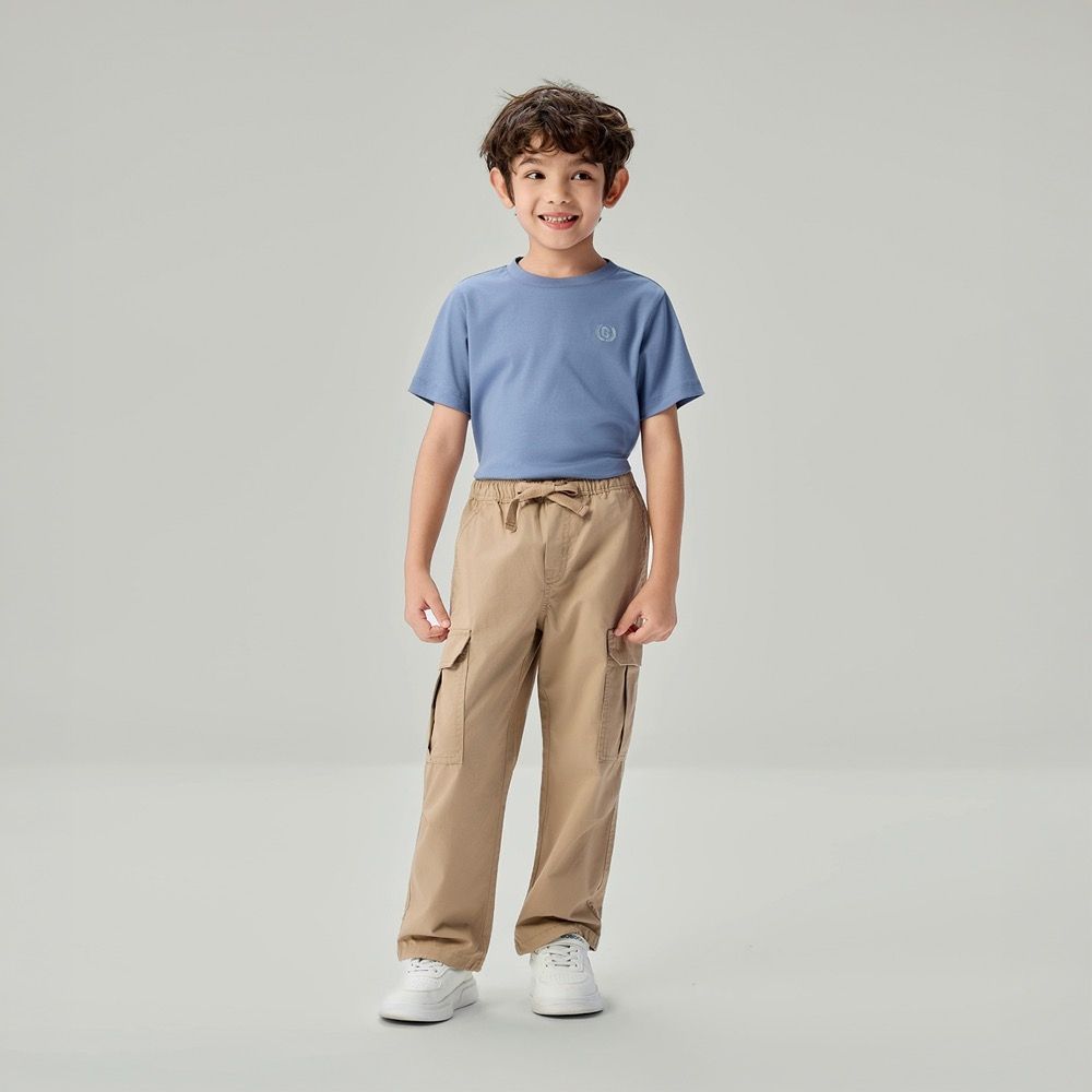 GIORDANO 童裝工裝抽繩彈力腰長褲 (07 陶器卡其)