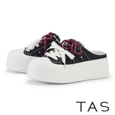 TAS 撞色綁帶厚底休閒穆勒鞋 黑色