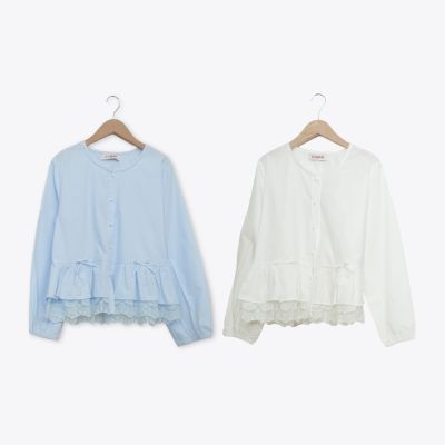 【CUMAR】下擺荷葉邊甜美蝴蝶結設計襯衫 藍 白(魅力商品)