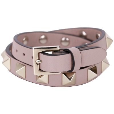 VALENTINO Rockstud 金色鉚釘雙繞小牛皮手環(粉耦色)