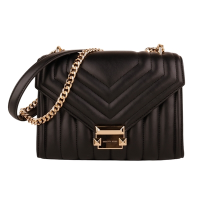MICHAEL KORS 金牌壓釦縫線紋皮革鍊帶肩/斜背包(黑)