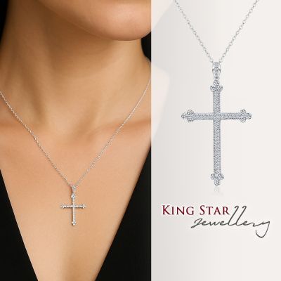 King Star 鉑金台天然鑽石項鍊 細長十字架造型