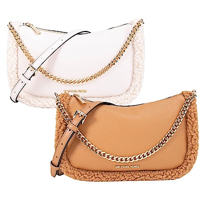 Michael Kors CARMELA 荔枝皮紋毛邊手提斜背包(白色/駝色)