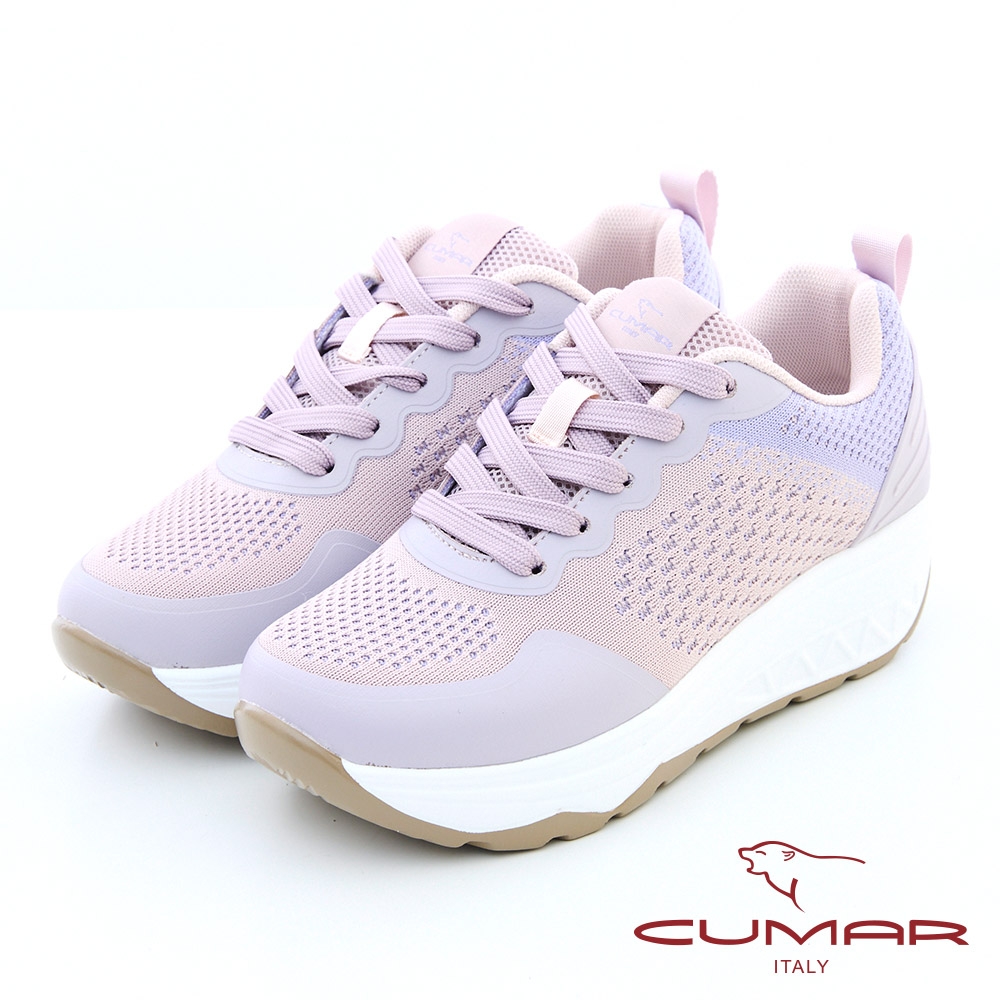 【CUMAR】拼色綁帶飛織布厚底休閒鞋-淺紫 | 厚底鞋 | Yahoo購物中心