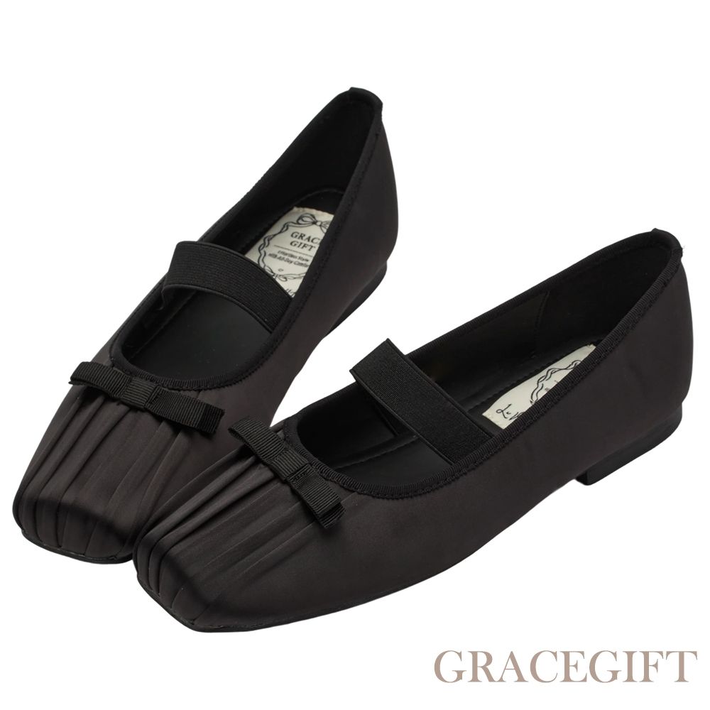 【Grace Gift】法式芭蕾精緻抓皺方頭緞面平底瑪莉珍鞋 黑