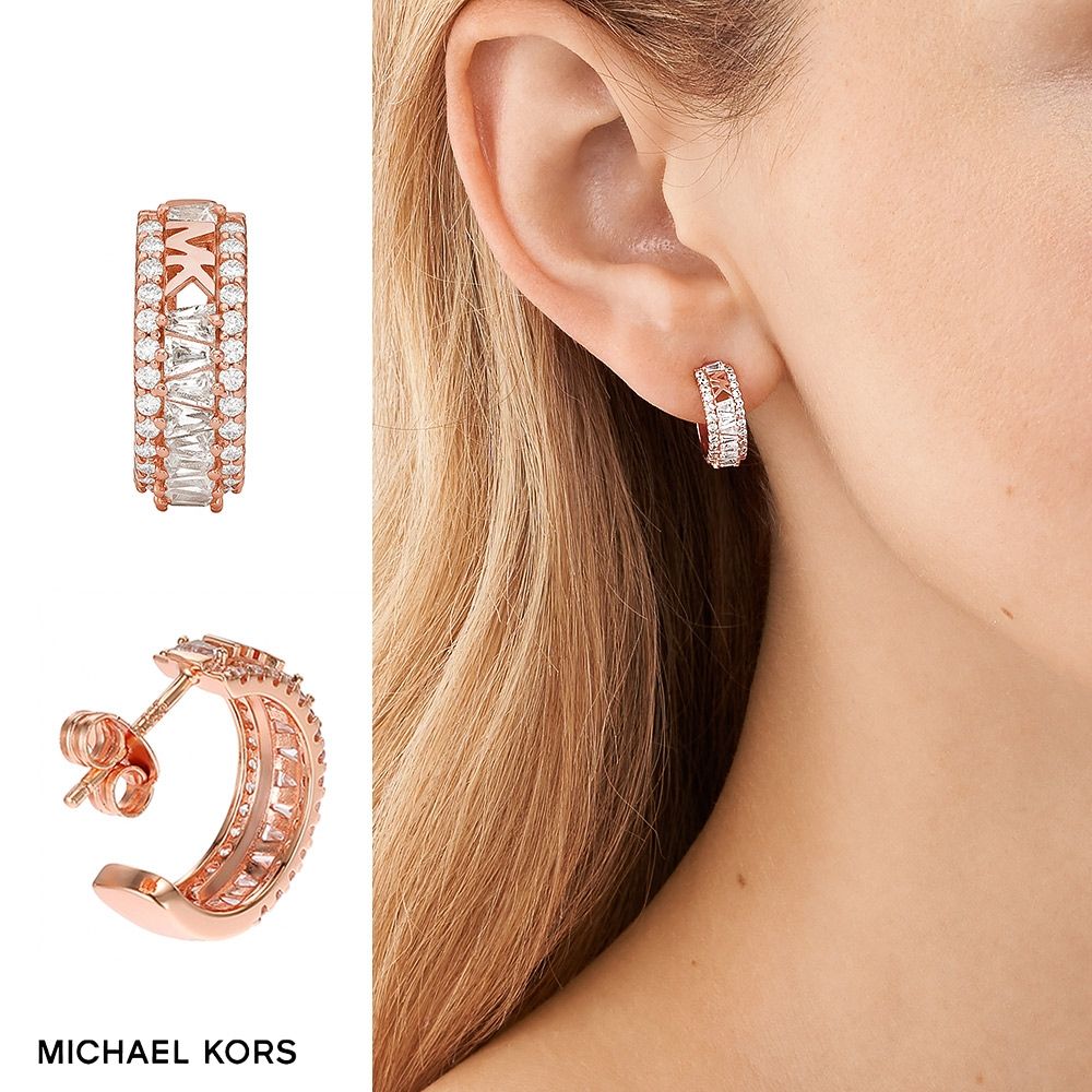 MICHAEL KORS Premium 925純銀鍍14K玫瑰金鋯石圈式耳環-玫瑰金 MKC1645AN791