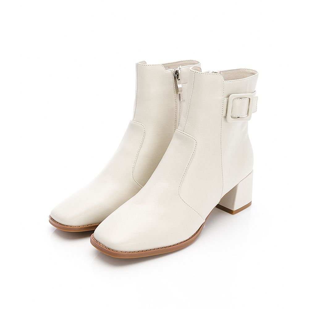 viina時尚純色羊皮粗跟短靴－米白 (viina)