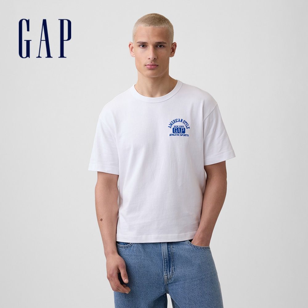 【GAP】重磅寬鬆 Gap Logo 短版T恤-清新白/黑色/褪紅色/帆船藍(895176) (清新白)