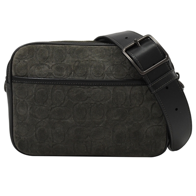 COACH Flight Bag 經典C LOGO壓花絨布斜背相機包(墨綠)