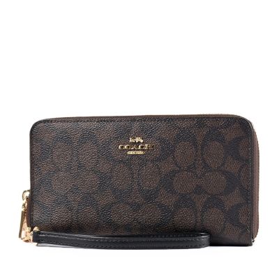 COACH 緹花LOGO防刮全開拉鍊手掛式長夾-咖啡色/附活動卡夾