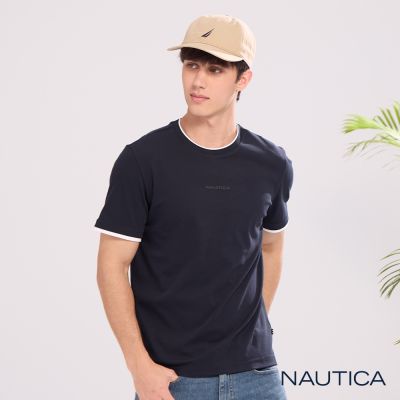 Nautica 官方旗艦 男裝 經典雙色滾邊設計涼感短袖T恤-藍色