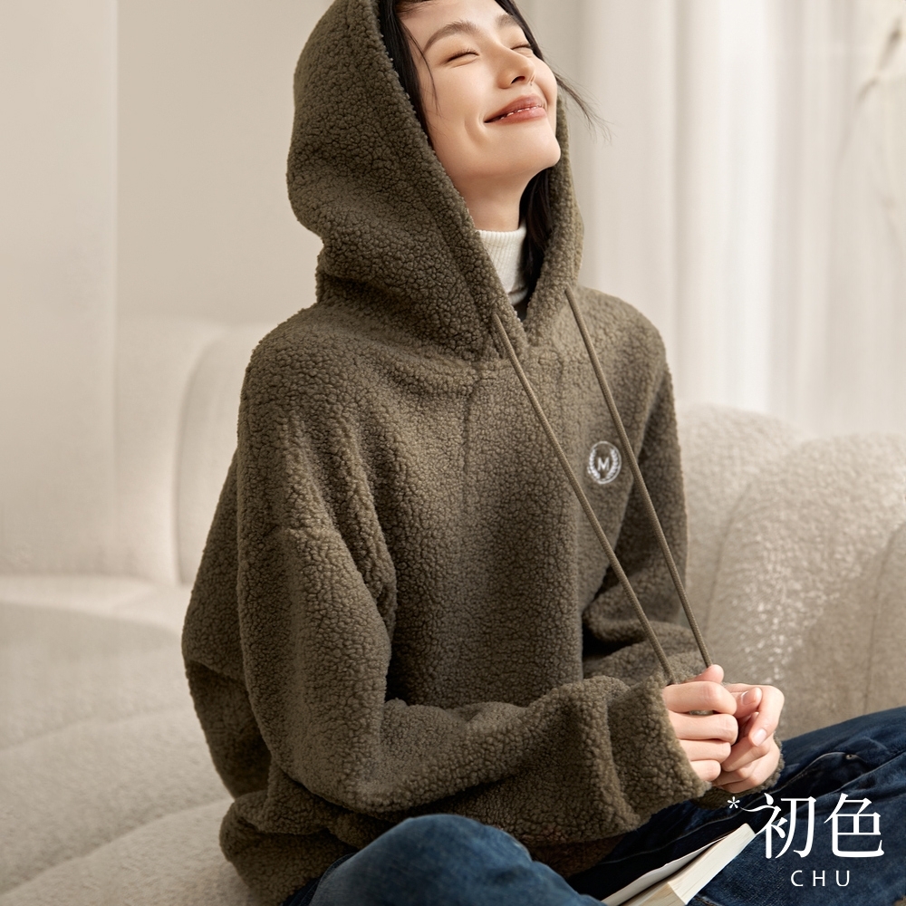 初色 V領顆粒絨抽繩連帽顯瘦長袖T恤上衣女上衣-咖色-32197(M-2XL可選)