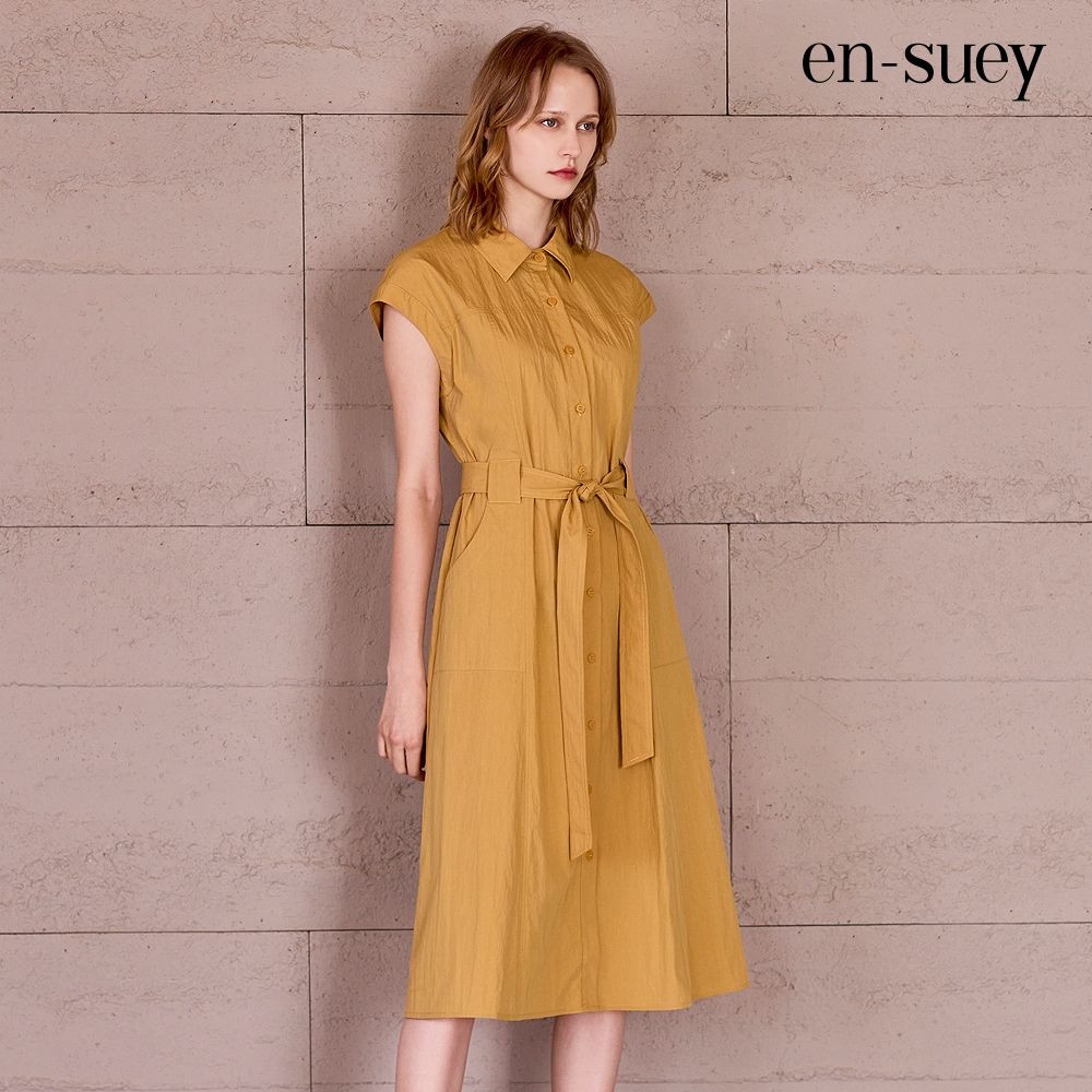 【en-suey 銀穗】襯衫領半開襟綁帶長洋裝 (黃色)