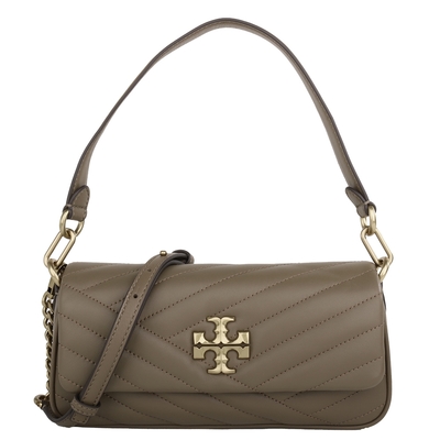 TORY BURCH Kira 金屬TB 縫衍紋皮革雙鍊帶肩背包(卡其杏)S款