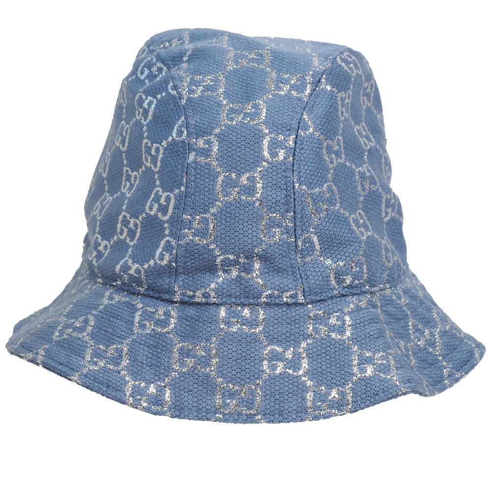 Gucci GG Lamé Bucket 義大利製GG LOGO緹花布漁夫帽(藍/銀線字/631951