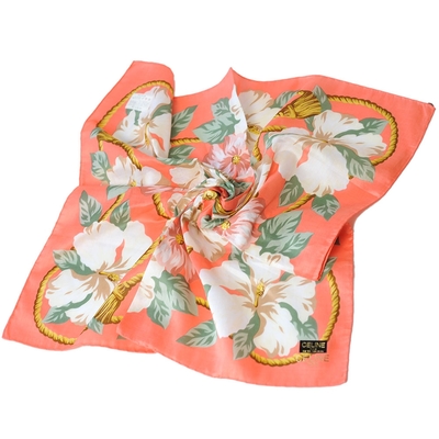 CELINE 奢華花朵流蘇圖騰品牌燙金字母LOGO大帕領巾(粉橘系)