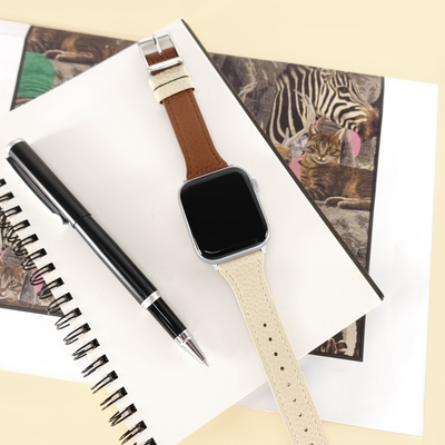 Apple Watch 全系列通用錶帶 蘋果手錶替用錶帶 雙色真皮錶帶-棕x米白色
