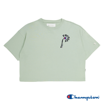 Champion 官方直營-女款 Protect 寬版 微短 印花上衣(森林綠)